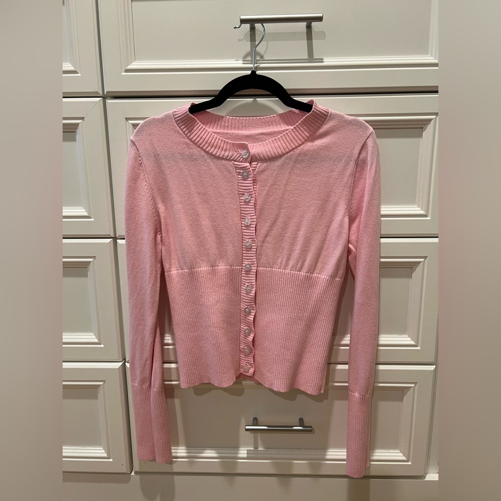 Pink Open Front Button Up Cropped Ribbed Knit Cardigan